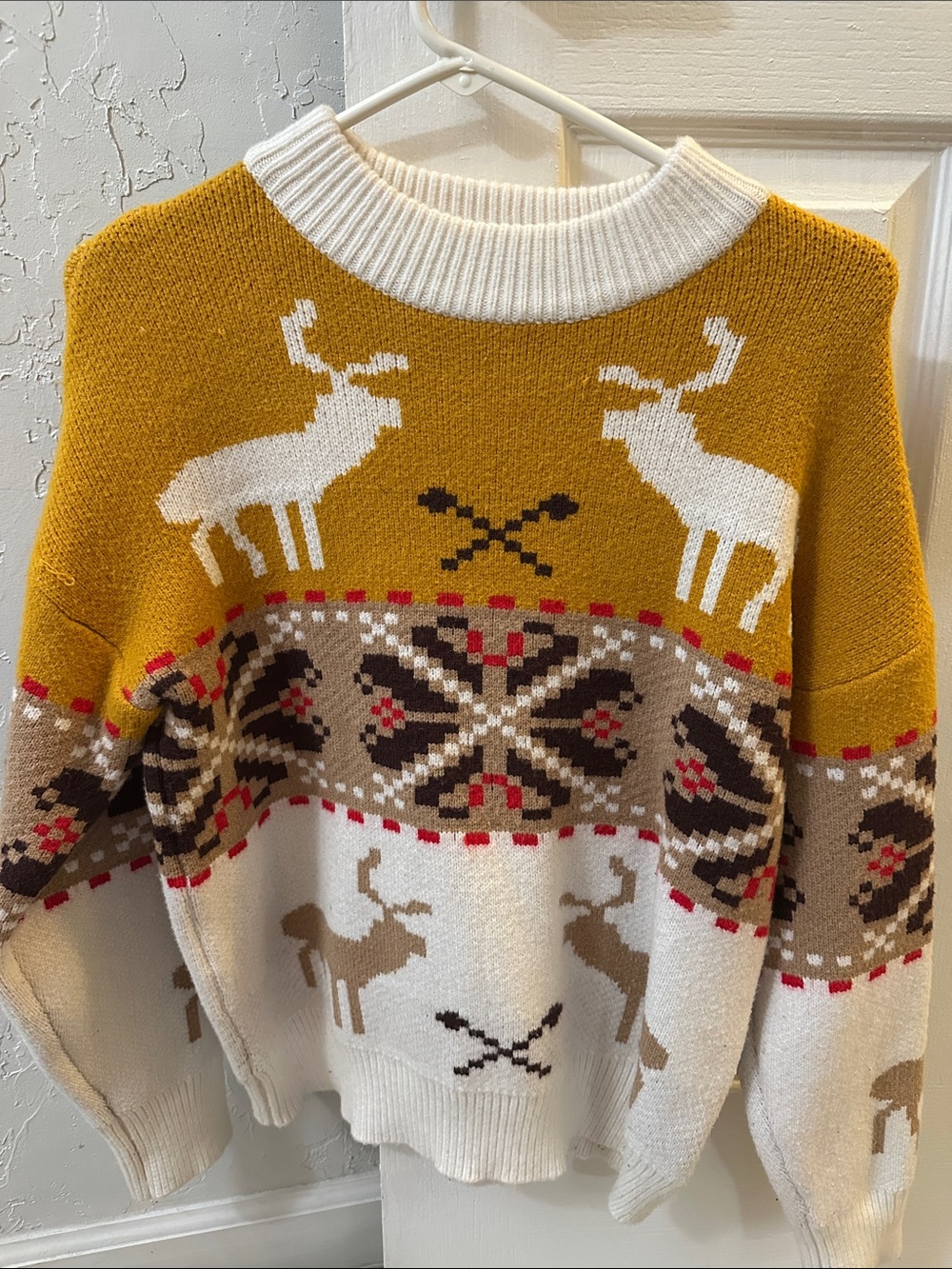 Festive Reindeer Fair Isle Crewneck Sweater - Mustard & Cream
